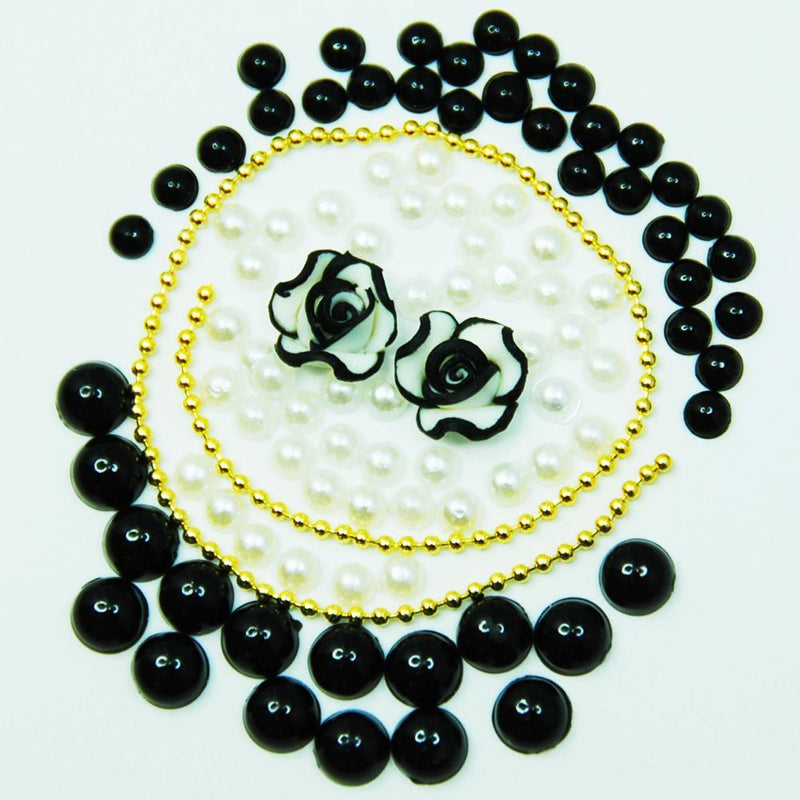 Fuschia, Fuschia Nail Art - Rose & Rhinestone 5pc Set - Black/White, Mk Beauty Club, Nail Art