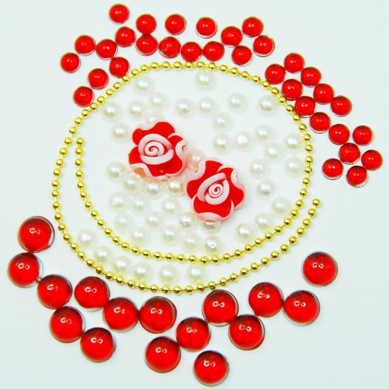 Fuschia, Fuschia Nail Art -  Rose & Rhinestone 5pc Set - Red, Mk Beauty Club, Nail Art