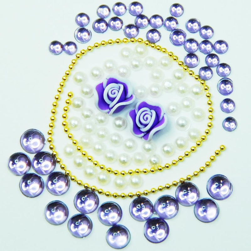 Fuschia, Fuschia Nail Art -  Rose & Rhinestone 5pc Set - White/Purple, Mk Beauty Club, Nail Art